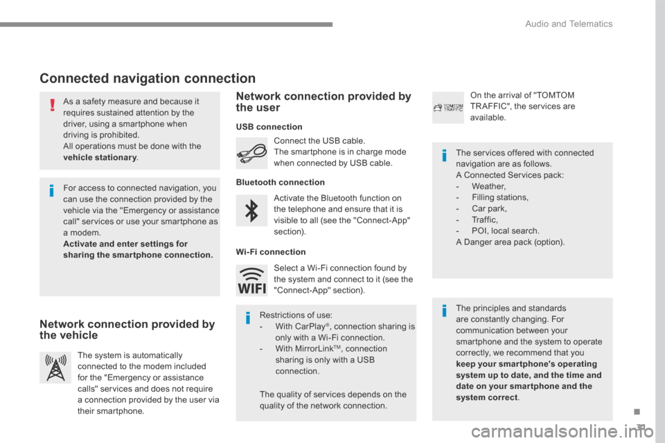 Citroen GRAND C4 PICASSO 2017 2.G Owners Manual 31
.
 Audio and Telematics 
  As a safety measure and because it requires sustained attention by the driver, using a smartphone when driving is prohibited.  All operations must be done with the 
vehic