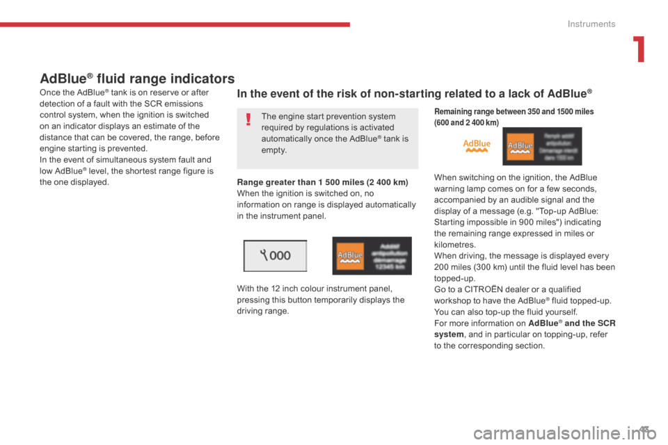 Citroen GRAND C4 PICASSO 2017 2.G Owners Manual 43
C4-Picasso-II_en_Chap01_instruments-bord_ed02-2016
AdBlue® fluid range indicators
Once the AdBlue® tank is on reserve or after 
detection of a fault with the SCR emissions 
control system, when t