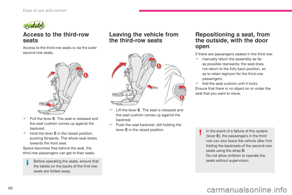 Citroen GRAND C4 PICASSO 2017 2.G Owners Guide 88
C4-Picasso-II_en_Chap03_ergonomie-confort_ed02-2016
Access to the third-row 
seats
Access to the third-row seats is via the outer 
second-row seats.
F 
P
 ull the lever E . The seat is released and