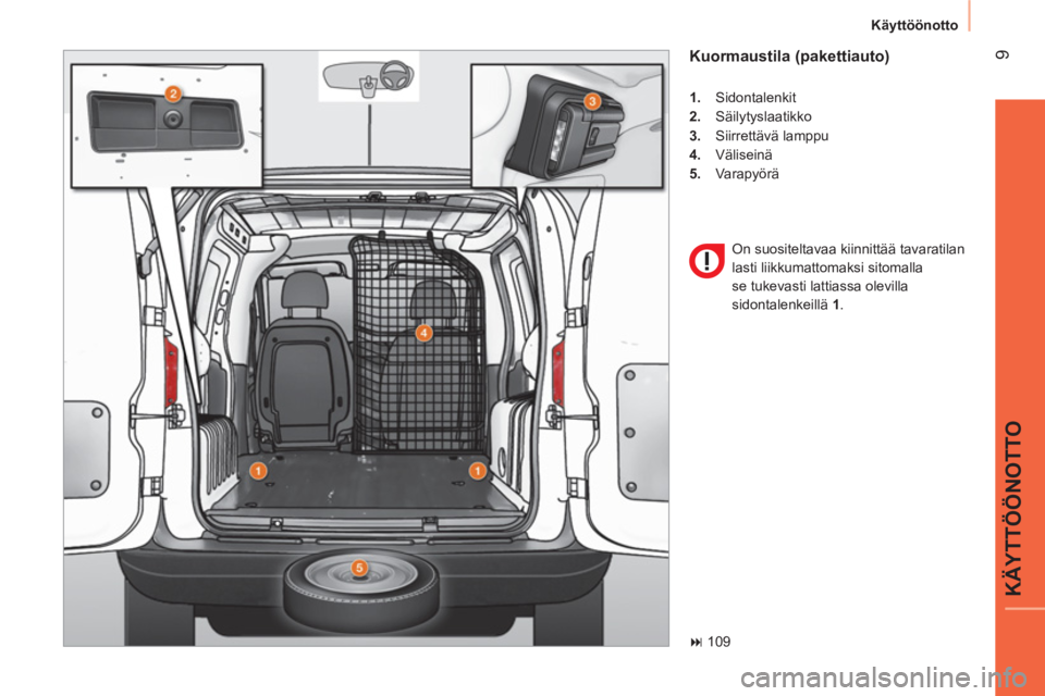 CITROEN NEMO 2014  Omistajan Käsikirjat (in Finnish)  9
KÄYTTÖÖNOTTO
Käyttöönotto
 
 
Kuormaustila (pakettiauto) 
 
 
 
1. 
 Sidontalenkit 
   
2. 
 Säilytyslaatikko 
   
3. 
 Siirrettävä lamppu 
   
4. 
 Väliseinä 
   
5. 
 Varapyörä  
  O