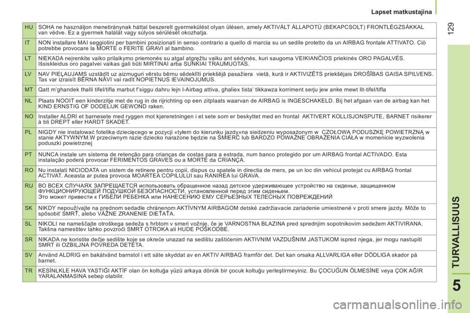 CITROEN NEMO 2014  Omistajan Käsikirjat (in Finnish) HU SOHA ne használjon menetiránynak háttal beszerelt gyermekülést olyan ülésen, amely AKTIVÁLT ÁLLAPOTÚ (BEKAPCSOLT) FRONTLÉGZSÁKKAL 
van védve. Ez a gyermek halálát vagy súlyos sérü