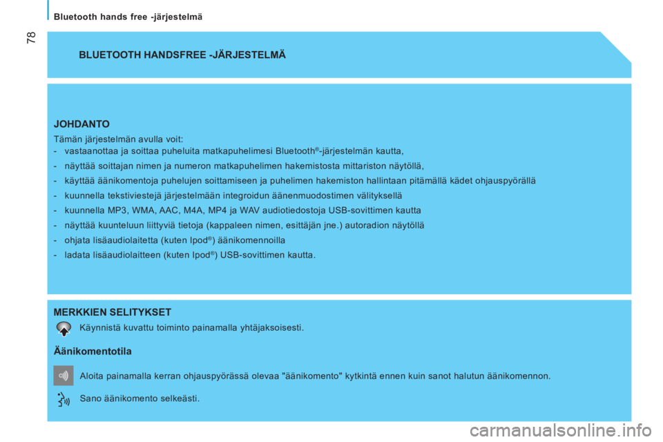 CITROEN NEMO 2014  Omistajan Käsikirjat (in Finnish)  
 78
   
Bluetooth hands free -järjestelmä  
 
JOHDANTO 
 
Tämän järjestelmän avulla voit: 
   
 
-   vastaanottaa ja soittaa puheluita matkapuhelimesi Bluetooth®-järjestelmän kautta, 
   
-