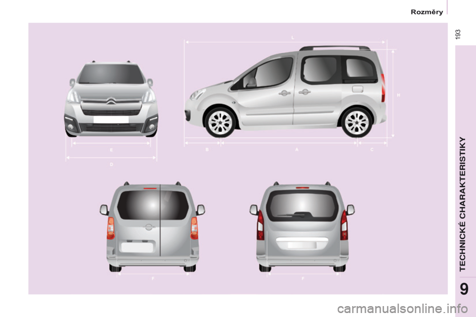 CITROEN BERLINGO MULTISPACE 2017  Návod na použití (in Czech)  193
Berlingo2VP_cs_Chap09_Caract-technique_ed02-2016Berlingo2VP_cs_Chap09_Caract-technique_ed02-2016 
TECHNICK\311 CHARAKTERISTIKY
9 
Rozměry  