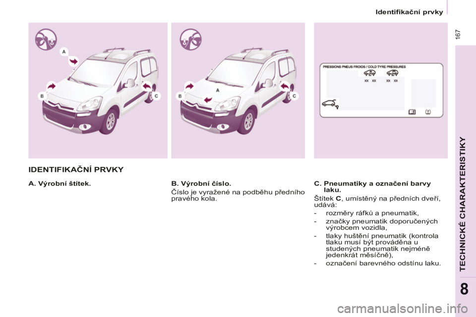 CITROEN BERLINGO MULTISPACE 2014  Návod na použití (in Czech)    Identifikační prvky   
Berlingo-2-VP-papier_cs_Chap08_Caract technique_ed01-2014
 167
TECHNICKÉ CHARAKTERISTIKY
8
 IDENTIFIKAČNÍ PRVKY  
  A. Výrobní štítek.    C.  Pneumatiky a označení
