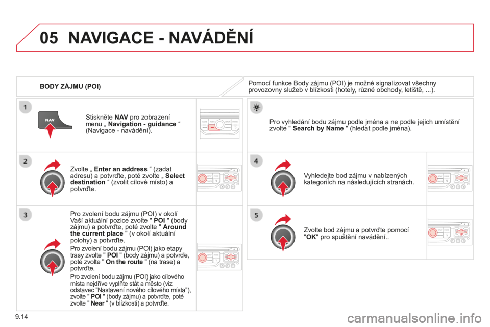 CITROEN BERLINGO MULTISPACE 2014  Návod na použití (in Czech) 9.14
05
Berlingo-2-VP-papier_cs_Chap09b_RT6-2-7_ed01-2014
   BODY ZÁJMU (POI) 
 NAVIGACE - NAVÁDĚNÍ 
 Pomocí funkce Body zájmu (POI) je možné signalizovat všechny provozovny služeb v blízko