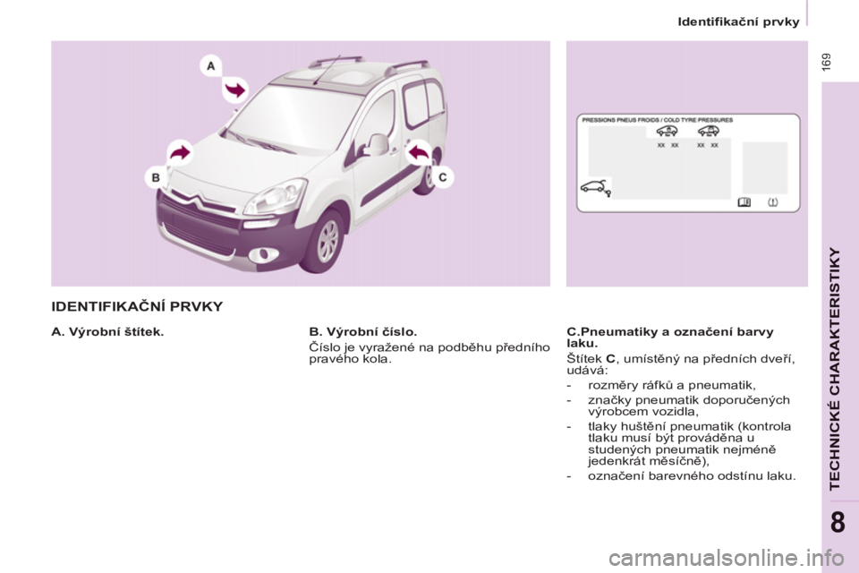 CITROEN BERLINGO MULTISPACE 2013  Návod na použití (in Czech)  16
9
TECHNICKÉ CHARAKTERISTIKY
8
   
 
Identifikační prvky  
 
 
IDENTIFIKAČN