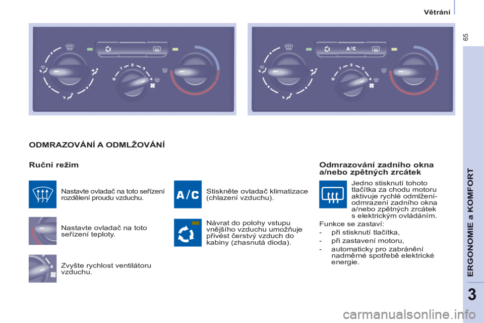 CITROEN BERLINGO MULTISPACE 2013  Návod na použití (in Czech)  65
ERGONOMI
E
a KOMFOR
T
3
Větrání
 
ODMRAZOVÁNÍ A ODMLŽOVÁNÍ 
   
Ruční režim 
 
Nastavte ovladač na toto 
seřízení teploty. 
  Zvyšte rychlost ventilátoru 
vzduchu.   Stiskněte ov