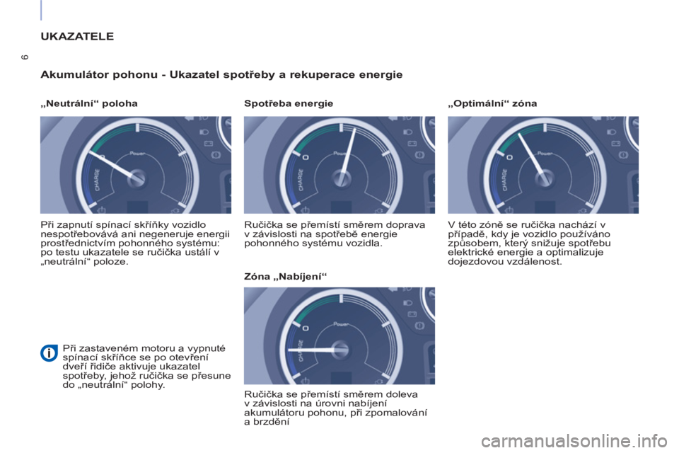 CITROEN BERLINGO ELECTRIC 2017  Návod na použití (in Czech) 6
  UKAZATELE 
   
Akumulátor pohonu - Ukazatel spotřeby a rekuperace energie 
 
 
 
„Neutrální“ poloha  
  Při zapnutí spínací skříňky vozidlo 
nespotřebovává ani negeneruje energii