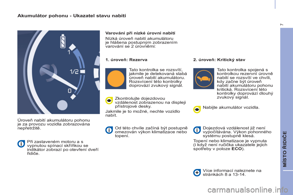 CITROEN BERLINGO ELECTRIC 2017  Návod na použití (in Czech) 7
  MÍSTO ŘIDIČE 
 
 
Akumulátor pohonu - Ukazatel stavu nabití 
 
Úroveň nabití akumulátoru pohonu 
je za provozu vozidla zobrazována 
nepřetržitě.    
Varování při nízké úrovni na