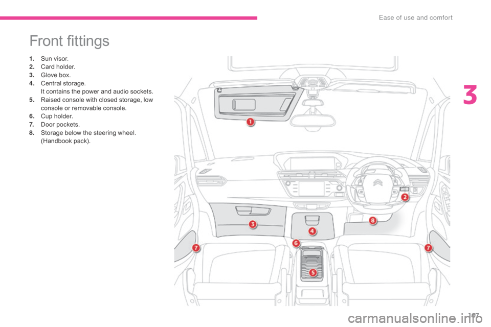 Citroen GRAND C4 PICASSO RHD 2017 2.G Owners Manual 107
Front fittings
1. Sun visor.
2. Card holder.
3.
G
love box.
4.
C
entral storage.
I
t contains the power and audio sockets.
5.
R
aised console with closed storage, low
console or removable Citroen GRAND C4 PICASSO RHD 2017 2.G Owners Manual 107
Front fittings
1. Sun visor.
2. Card holder.
3.
G
love box.
4.
C
entral storage.
I
t contains the power and audio sockets.
5.
R
aised console with closed storage, low
console or removable