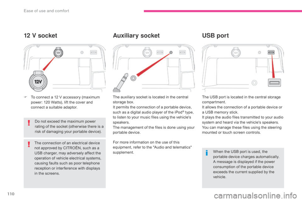 Citroen GRAND C4 PICASSO RHD 2017 2.G Owners Manual 110
When the USB port is used, the 
portable device charges automatically.
A message is displayed if the power 
consumption of the portable device 
exceeds the current supplied by the 
vehicle.
12 V s
