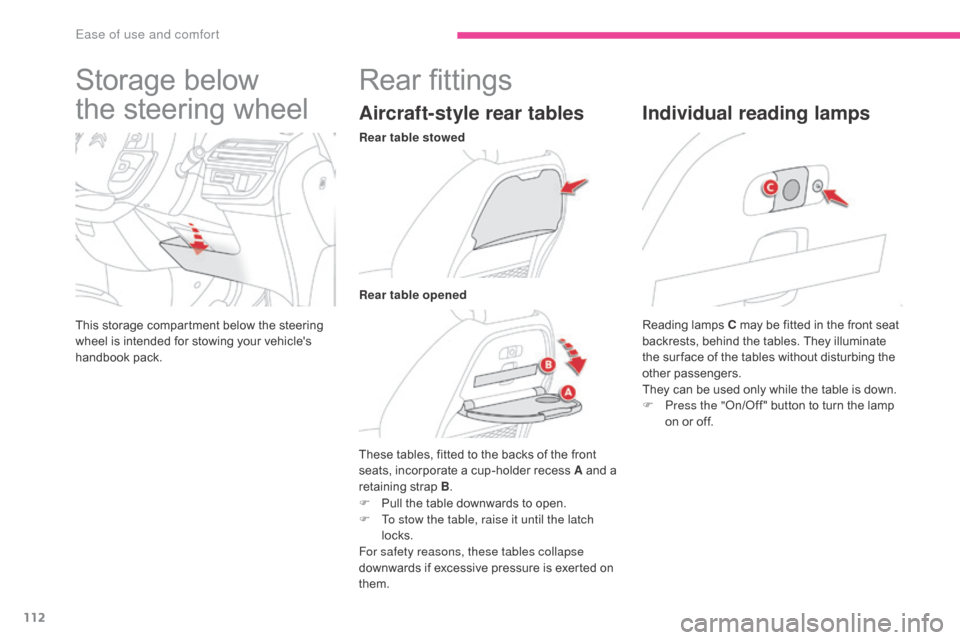 Citroen GRAND C4 PICASSO RHD 2017 2.G Owners Manual 112
Storage below
the steering wheel
This storage compartment below the steering
wheel is intended for stowing your vehicles
handbook pack.
Rear fittings
Aircraft-style rear tables
These tables, Citroen GRAND C4 PICASSO RHD 2017 2.G Owners Manual 112
Storage below
the steering wheel
This storage compartment below the steering
wheel is intended for stowing your vehicles
handbook pack.
Rear fittings
Aircraft-style rear tables
These tables,