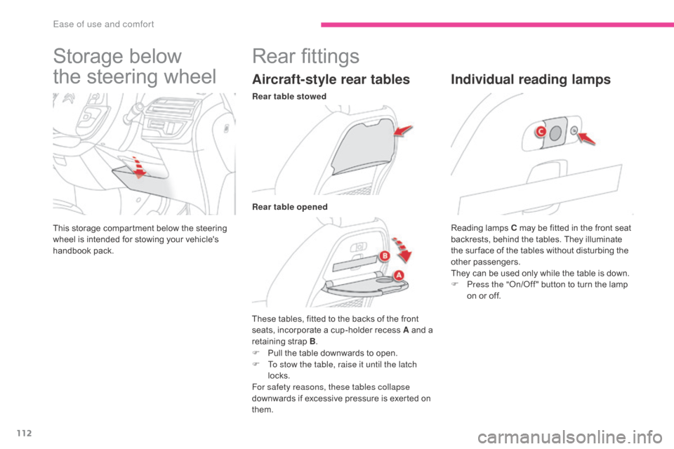 Citroen GRAND C4 PICASSO RHD 2017 2.G Owners Manual 112
Storage below 
the  steering wheel
This storage compartment below the steering 
wheel is intended for stowing your vehicles 
handbook pack.
Rear fittings
Aircraft-style rear tables
These tables, 
