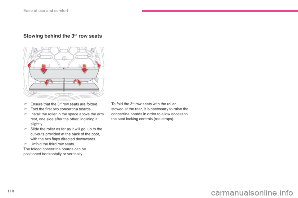 Citroen GRAND C4 PICASSO RHD 2017 2.G Owners Manual 118
Stowing behind the 3rd row seats
To fold the 3rd row seats with the roller 
stowed at the rear, it is necessary to raise the 
concertina boards in order to allow access to 
the seat locking contro