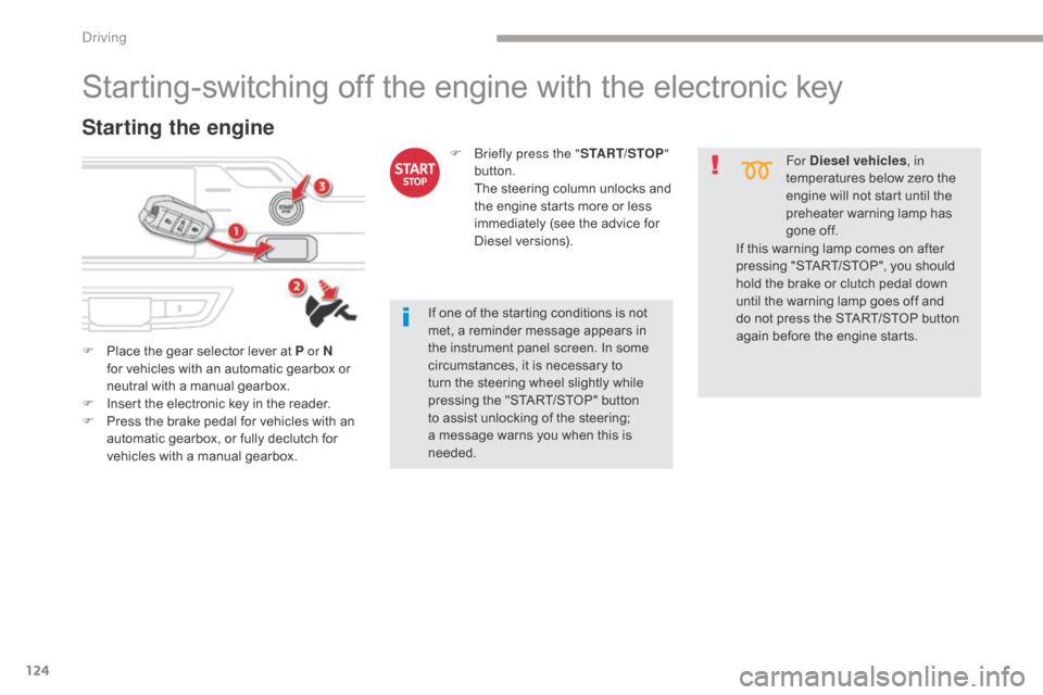 Citroen GRAND C4 PICASSO RHD 2017 2.G Owners Guide 124
Starting-switching off the engine with the electronic key
F Place the gear selector lever at P or N for vehicles with an automatic gearbox or 
neutral with a manual gearbox.
F
 
I
 nsert the elect