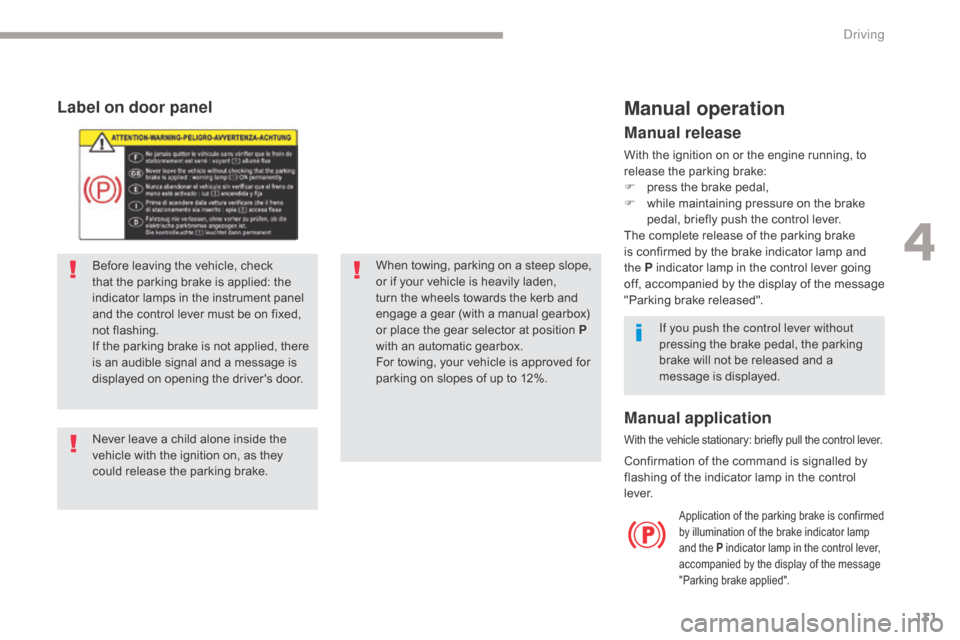 Citroen GRAND C4 PICASSO RHD 2017 2.G Owners Manual 131
Label on door panel
Before leaving the vehicle, check 
that the parking brake is applied: the 
indicator lamps in the instrument panel 
and the control lever must be on fixed, 
not flashing.
If th