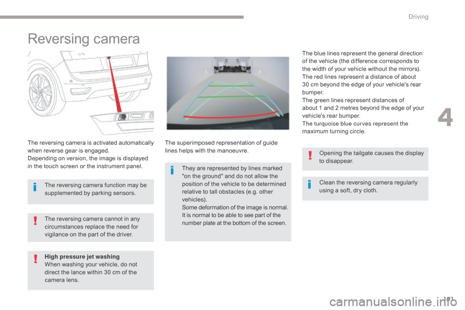 Citroen GRAND C4 PICASSO RHD 2017 2.G Owners Manual 191
Reversing camera
Clean the reversing camera regularly
using a soft, dry cloth.
The reversing camera is activated automatically
when reverse gear is engaged.
Depending on version, the image is di Citroen GRAND C4 PICASSO RHD 2017 2.G Owners Manual 191
Reversing camera
Clean the reversing camera regularly
using a soft, dry cloth.
The reversing camera is activated automatically
when reverse gear is engaged.
Depending on version, the image is di