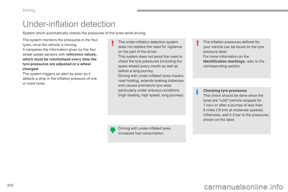 Citroen GRAND C4 PICASSO RHD 2017 2.G Owners Manual 202
Under-inflation detection
The system monitors the pressures in the four 
tyres, once the vehicle is moving.
It compares the information given by the four 
wheel speed sensors with reference values