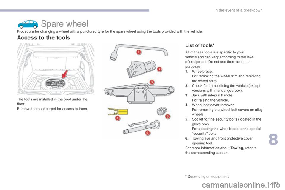 Citroen GRAND C4 PICASSO RHD 2017 2.G Owners Manual 291
Spare wheel
The tools are installed in the boot under the
f l o o r.
Remove the boot carpet for access to them.
Access to the tools
List of tools*
Procedure for changing a wheel with a punctured Citroen GRAND C4 PICASSO RHD 2017 2.G Owners Manual 291
Spare wheel
The tools are installed in the boot under the
f l o o r.
Remove the boot carpet for access to them.
Access to the tools
List of tools*
Procedure for changing a wheel with a punctured