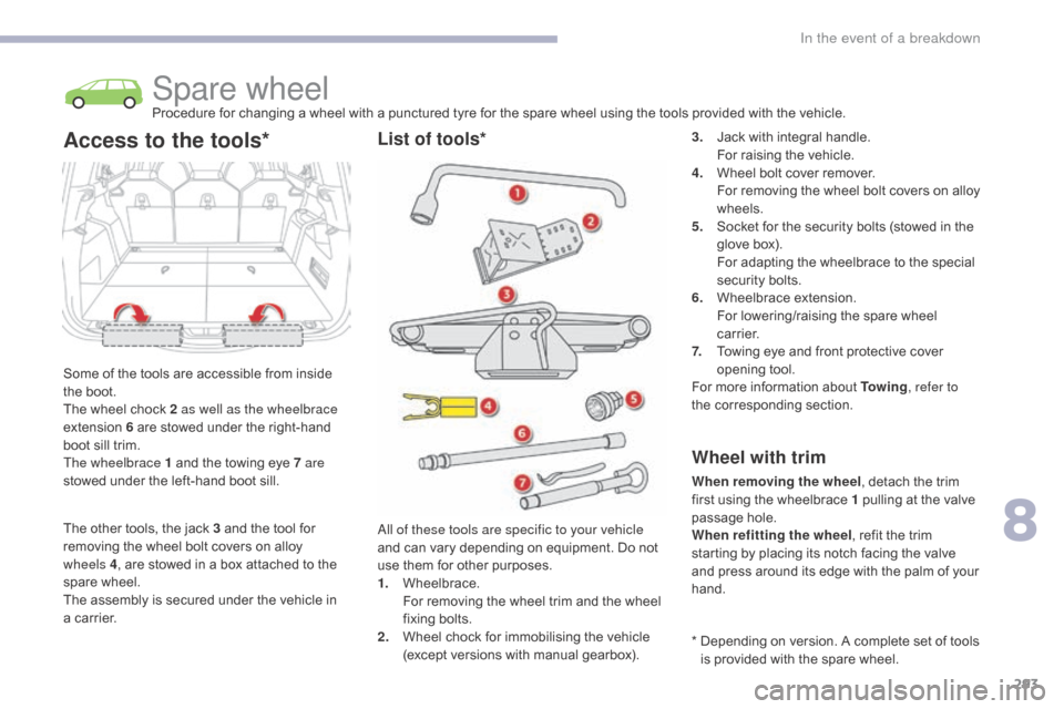 Citroen GRAND C4 PICASSO RHD 2017 2.G Owners Manual 293
Spare wheelProcedure for changing a wheel with a punctured tyre for the spare wheel using the tools provided with the vehicle.
Some of the tools are accessible from inside 
the boot.
The wheel cho