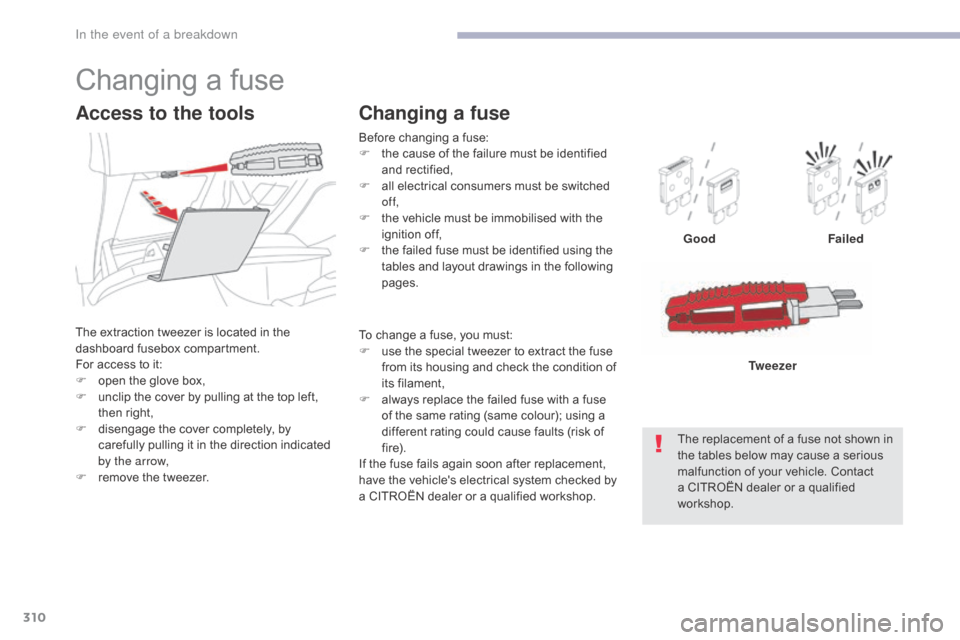 Citroen GRAND C4 PICASSO RHD 2017 2.G Owners Manual 310
Before changing a fuse:
F t he cause of the failure must be identified 
and rectified,
F
 
a
 ll electrical consumers must be switched 
of f,
F
 
t
 he vehicle must be immobilised with the 
igniti