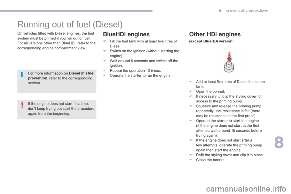 Citroen GRAND C4 PICASSO RHD 2017 2.G Owners Manual 321
Running out of fuel (Diesel)
On vehicles fitted with Diesel engines, the fuel 
system must be primed if you run out of fuel.
For all versions other than BlueHDi, refer to the 
corresponding engine