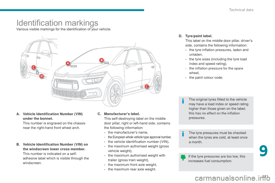 Citroen GRAND C4 PICASSO RHD 2017 2.G Owners Manual 331
Identification markingsVarious visible markings for the identification of your vehicle.
A.
 V
ehicle Identification Number (VIN) 
under the bonnet.  
 T

his number is engraved on the chassis 
nea