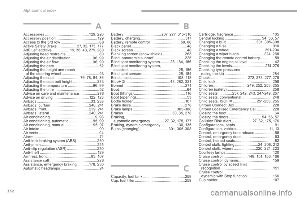 Citroen GRAND C4 PICASSO RHD 2017 2.G User Guide 332
Accessories ..........................................129, 226
Accessory position ....................................... 12
9
Access to the 3rd row
 
..................................... 88
A

c