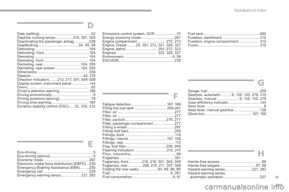 Citroen GRAND C4 PICASSO RHD 2017 2.G Owners Manual 333
Date (setting) ...................................................52
Daytime running lamps  .................2 16, 301, 305
Deactivating the passenger airbag
 ............... 23

9
Deadlocking
 ..