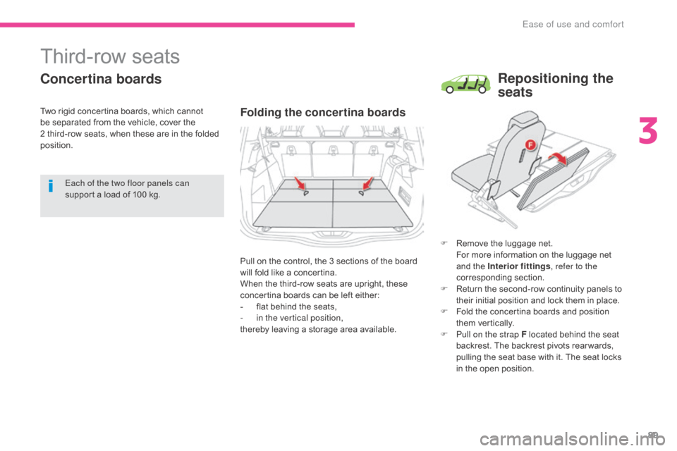 Citroen GRAND C4 PICASSO RHD 2017 2.G Owners Manual 89
Third-row seats
Concertina boards
Folding the concertina boards
F Remove the luggage net.
F or more information on the luggage net
and the Interior fittings , refer to the
corresponding section Citroen GRAND C4 PICASSO RHD 2017 2.G Owners Manual 89
Third-row seats
Concertina boards
Folding the concertina boards
F Remove the luggage net.
F or more information on the luggage net
and the Interior fittings , refer to the
corresponding section