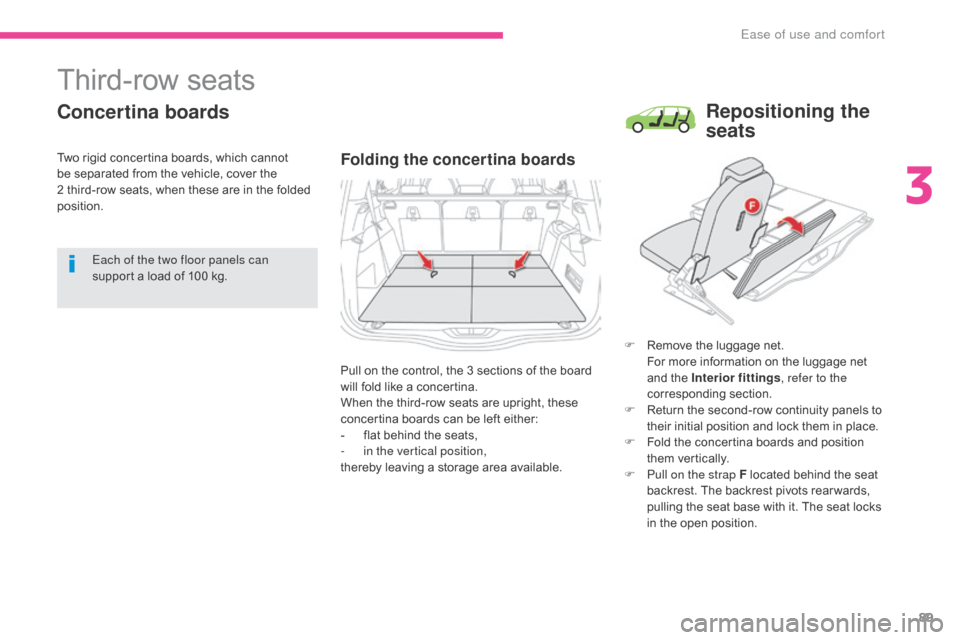 Citroen GRAND C4 PICASSO RHD 2017 2.G Owners Manual 89
Third-row seats
Concertina boards
Folding the concertina boards
F Remove the luggage net.
  F or more information on the luggage net 
and the Interior fittings , refer to the 
corresponding section