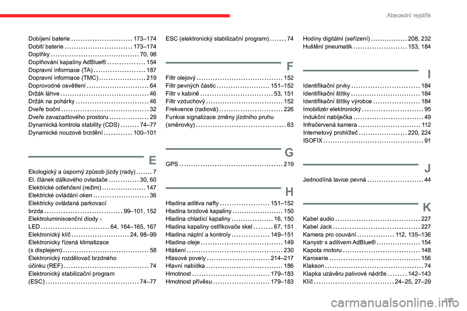 CITROEN BERLINGO VAN 2021 Návod na použití (in Czech) 237
Abecední rejstřík
Dobíjení baterie 173–174
Dobití baterie
173–174
Doplňky
70, 98
Doplňování kapaliny AdBlue®
154
Dopravní informace (TA)
187
Dopravní informa CITROEN BERLINGO VAN 2021 Návod na použití (in Czech) 237
Abecední rejstřík
Dobíjení baterie 173–174
Dobití baterie
173–174
Doplňky
70, 98
Doplňování kapaliny AdBlue®
154
Dopravní informace (TA)
187
Dopravní informa