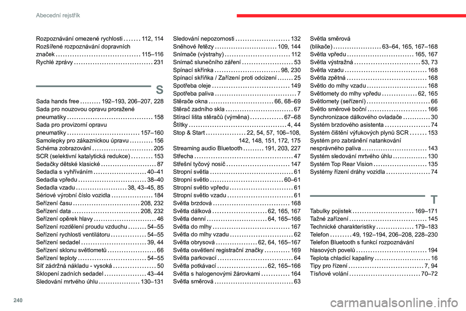 CITROEN BERLINGO VAN 2021  Návod na použití (in Czech) 240
Abecední rejstřík
Rozpoznávání omezené rychlosti     112, 114
Rozšířené rozpoznávání dopravních   
značek
    
115–116
Rychlé zprávy
    
231
S
Sada hands free     192–193, 2