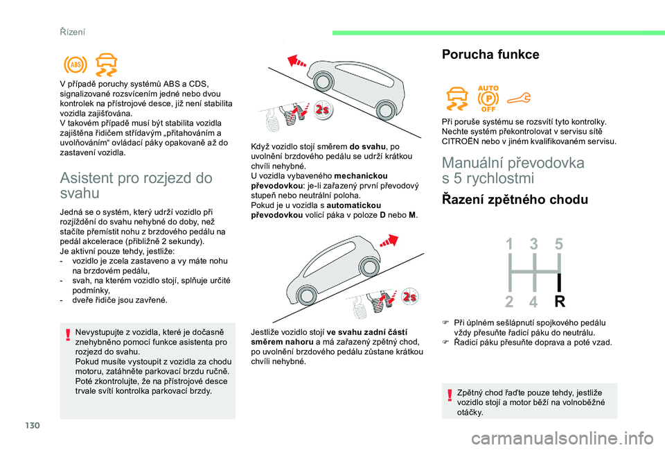 CITROEN BERLINGO VAN 2019 Návod na použití (in Czech) 130
Asistent pro rozjezd do
svahu
Jedná se o systém, který udrží vozidlo při
r ozjíždění do svahu nehybné do doby, než
stačíte přemístit nohu z
brzdového pedálu na
pedál akcel CITROEN BERLINGO VAN 2019 Návod na použití (in Czech) 130
Asistent pro rozjezd do
svahu
Jedná se o systém, který udrží vozidlo při
r ozjíždění do svahu nehybné do doby, než
stačíte přemístit nohu z
brzdového pedálu na
pedál akcel