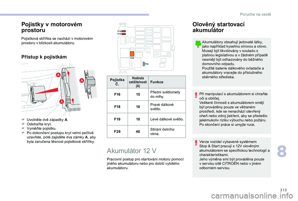 CITROEN BERLINGO VAN 2019  Návod na použití (in Czech) 213
Pojistky v motorovém 
prostoru
Pojistková skříňka se nachází v motorovém 
prostoru v blízkosti akumulátoru.
Přístup k pojistkám
F Uvolněte dvě západky A .
F  O dstraňte kryt.
F
 
