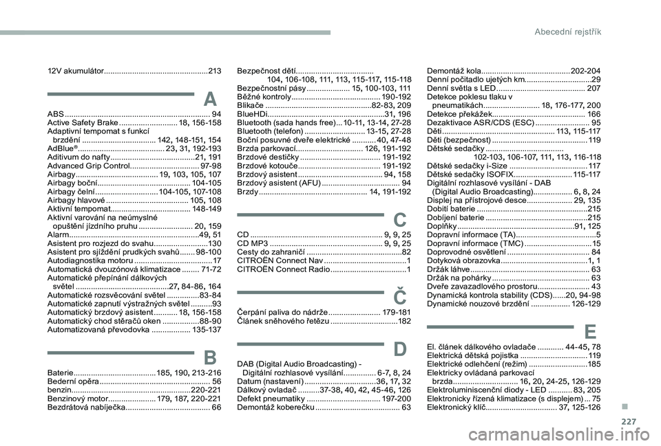 CITROEN BERLINGO VAN 2019 Návod na použití (in Czech) 227
12V akumulátor ................................................2 13
AABS ...................................................................94
Active Safety Brake ...........................18,
CITROEN BERLINGO VAN 2019 Návod na použití (in Czech) 227
12V akumulátor ................................................2 13
AABS ...................................................................94
Active Safety Brake ...........................18,