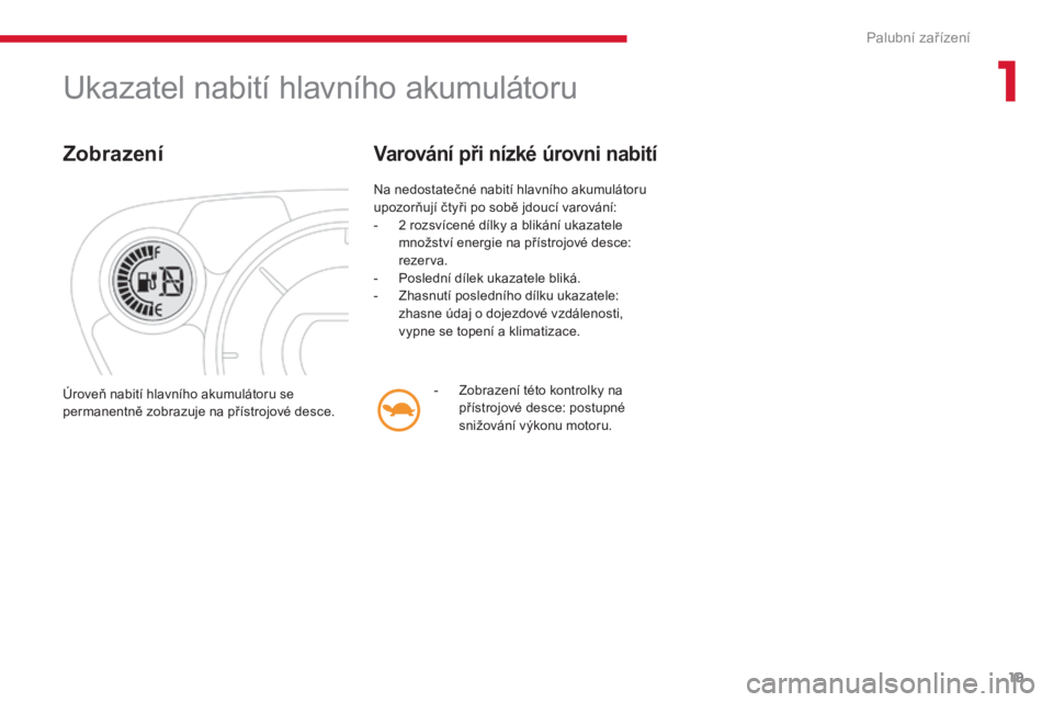 CITROEN C-ZERO 2017  Návod na použití (in Czech) 19
C-Zero_cs_Chap01_instruments-de-bord_ed01-2016
Ukazatel nabití hlavního akumulátoru
Zobrazení
Na nedostatečné nabití hlavního akumulátoru 
upozorňují čtyři po sobě jdoucí varování: