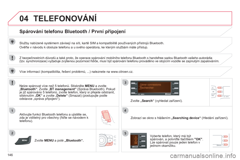 CITROEN C-ZERO 2016  Návod na použití (in Czech) 04
146
C-zero_cs_Chap11b_rDe2_ed01-2014
TELEFONOVáNÍ
Spárování telefonu Bluetooth / První připojení
Služby nabízené systémem závisejí na síti, kartě SiM a kompatibilitě používaných