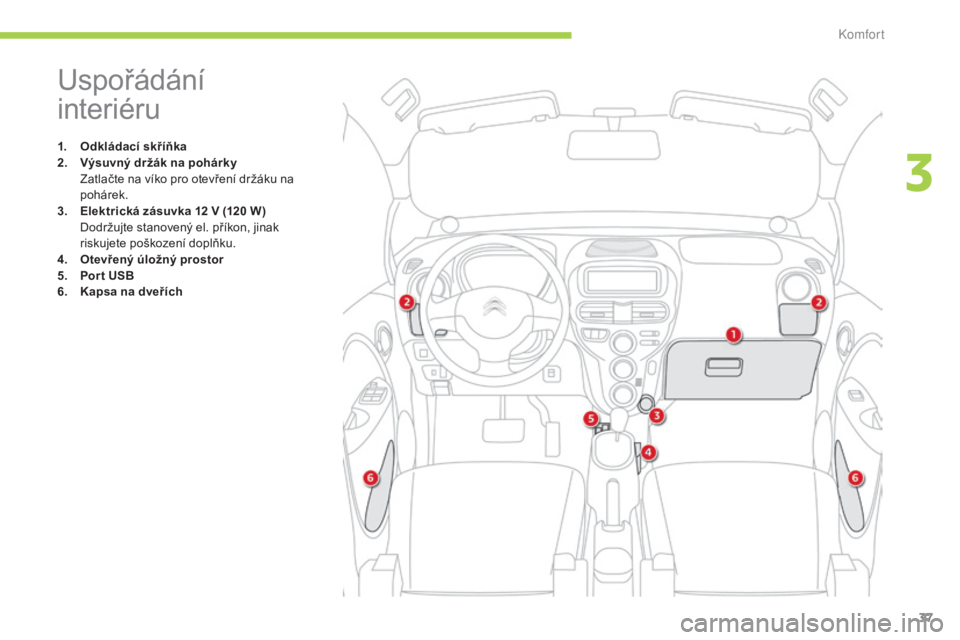 CITROEN C-ZERO 2016 Návod na použití (in Czech) 37
C-zero_cs_Chap03_confort_ed01-2014
uspořádání
i nteriéru
1. Odkládací skříňka
2. V
ýsuvný držák na pohárky
Z
atlačte na víko pro otevření držáku na
pohárek.
3.
E
lektri CITROEN C-ZERO 2016 Návod na použití (in Czech) 37
C-zero_cs_Chap03_confort_ed01-2014
uspořádání
i nteriéru
1. Odkládací skříňka
2. V
ýsuvný držák na pohárky
Z
atlačte na víko pro otevření držáku na
pohárek.
3.
E
lektri