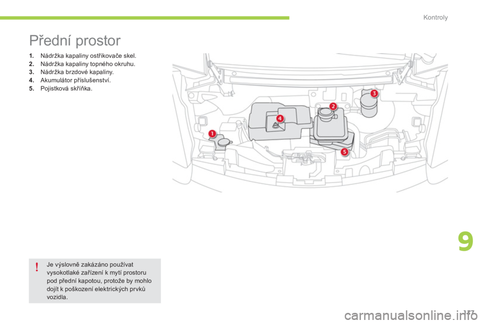 CITROEN C-ZERO 2014  Návod na použití (in Czech) 9
Kontroly
117
1.   Nádržka kapaliny ostřikovače skel.2.Nádržka kapaliny topného okruhu.3.Nádržka brzdové kapaliny. 4. 
 Akumulátor příslušenství. 
5.   Pojistková skříňka.
 
 
 
 
