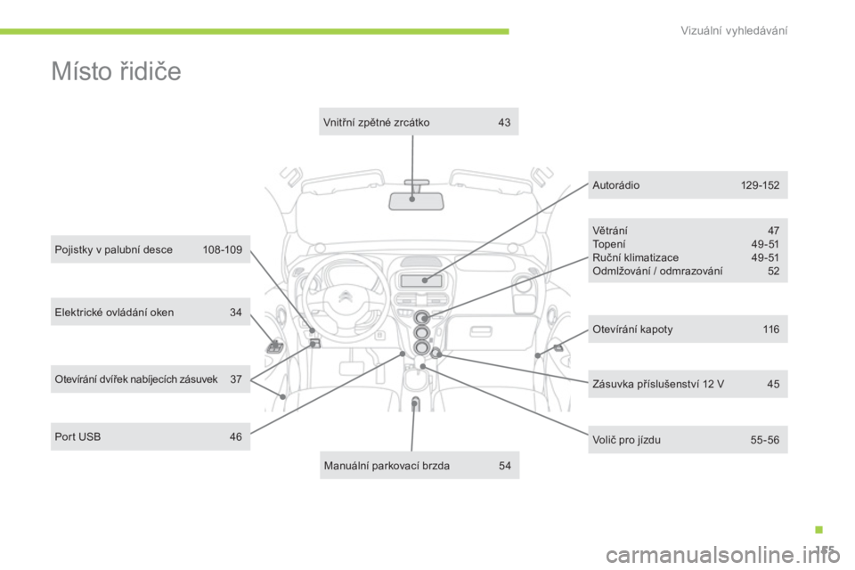 CITROEN C-ZERO 2014  Návod na použití (in Czech) .
Vizuální vyhledávání
155
Elektrické ovládání oken 34
Pojistky v palubní desce  108 -109
Větr