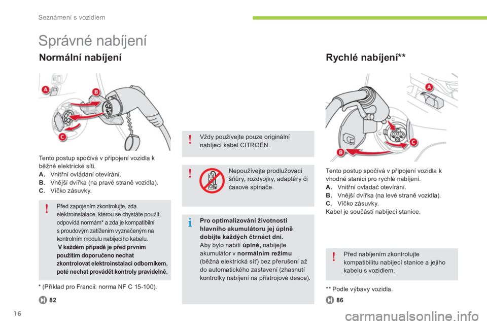 CITROEN C-ZERO 2014  Návod na použití (in Czech) Seznámení s vozidlem
16
  Správné nabíjení 
 
Te n t o  p o s t u p  s p očívá v připojení vozidla k
vhodné stanici pro rychlé nabíjení. 
A.Vnitřn