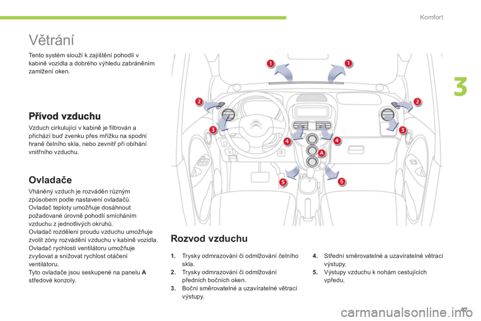CITROEN C-ZERO 2014  Návod na použití (in Czech) 3
Komfor t
47
   
 
 
 
 
 
 
 
Větrání 
 
Vzduch cirkulující v kabině je filtrován apřichází buď zvenku přes mřížku na spodníhraně čelního skla, nebo zevnitř při obíhání
vnit