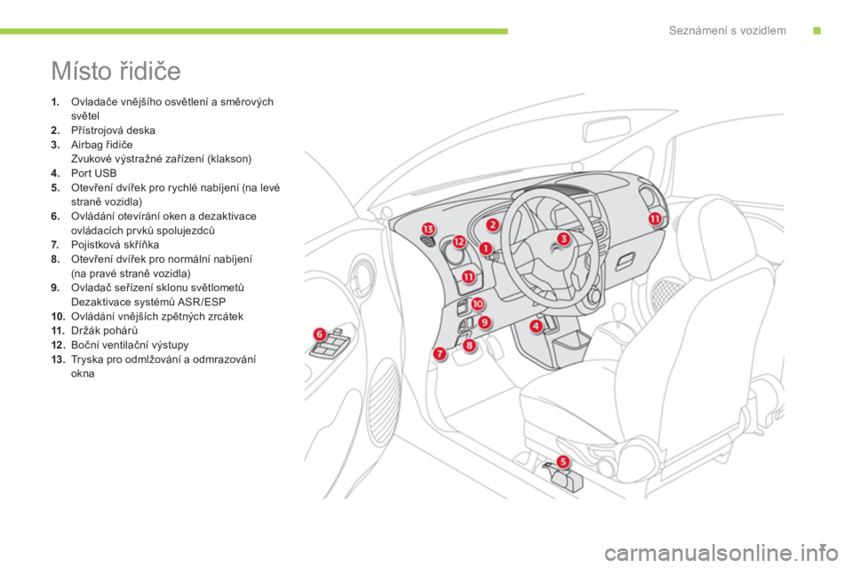 CITROEN C-ZERO 2014  Návod na použití (in Czech) .Seznámení s vozidlem
7
  Místo řidiče 
1. 
 Ovladače vnějšího osvětlení a směrovýchsvětel2.Přístrojová deska
3.Airbag řidiče  
 Zvukové výstražné zařízení (klakson)4. 
 Port