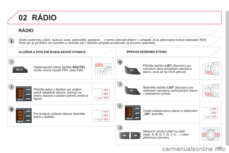 CITROEN C-ZERO 2012 Návod na použití (in Czech) 02
1
12
2
3
129
RÁDIO
Opakovanými stisky tlačítka SRC/TEL
zvolte vlnový rozsah FM1 nebo FM2.
Pro poslech uložené stanice stiskněte
jedno z tlačítek.
Zvolte požadovanou s CITROEN C-ZERO 2012 Návod na použití (in Czech) 02
1
12
2
3
129
RÁDIO
Opakovanými stisky tlačítka SRC/TEL
zvolte vlnový rozsah FM1 nebo FM2.
Pro poslech uložené stanice stiskněte
jedno z tlačítek.
Zvolte požadovanou s
