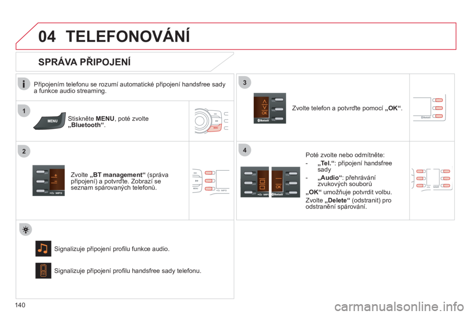 CITROEN C-ZERO 2012  Návod na použití (in Czech)  1
2
3
04
4
140
  TELEFONOVÁNÍ 
 
 
Připojením telefonu se rozumí automatické připojení handsfree sady 
a funkce audio streaming.  
   
Stiskněte  MENU 
, poté zvolte 
  „Bluetooth“ 
.  