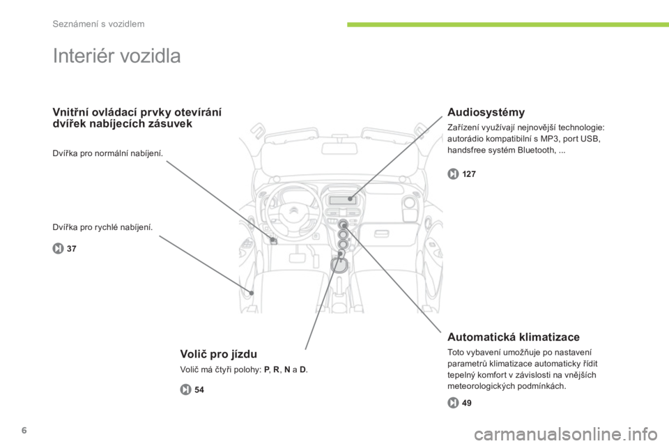 CITROEN C-ZERO 2011  Návod na použití (in Czech) Seznámení s vozidlem
6
  Interiér vozidla  
 
 Volič pro jízdu 
 
Volič má čtyři polohy:  P,  PR , N 
 a  D . 
Vnitřní ovládací prvky otevíránídvířek nabíjecích zásuvek 
   
Autom