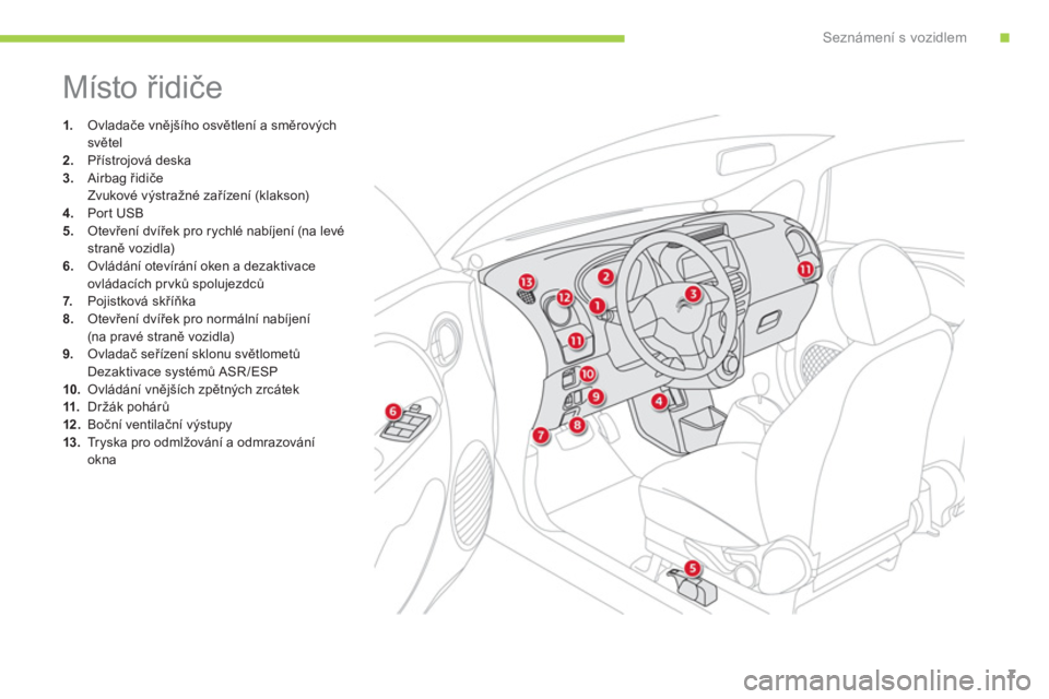 CITROEN C-ZERO 2011  Návod na použití (in Czech) .Seznámení s vozidlem
7
  Místo řidiče 
1. 
 Ovladače vnějšího osvětlení a směrovýchsvětel2.Přístrojová deska
3.Airbag řidiče  
 Zvukové výstražné zařízení (klakson)4. 
 Port