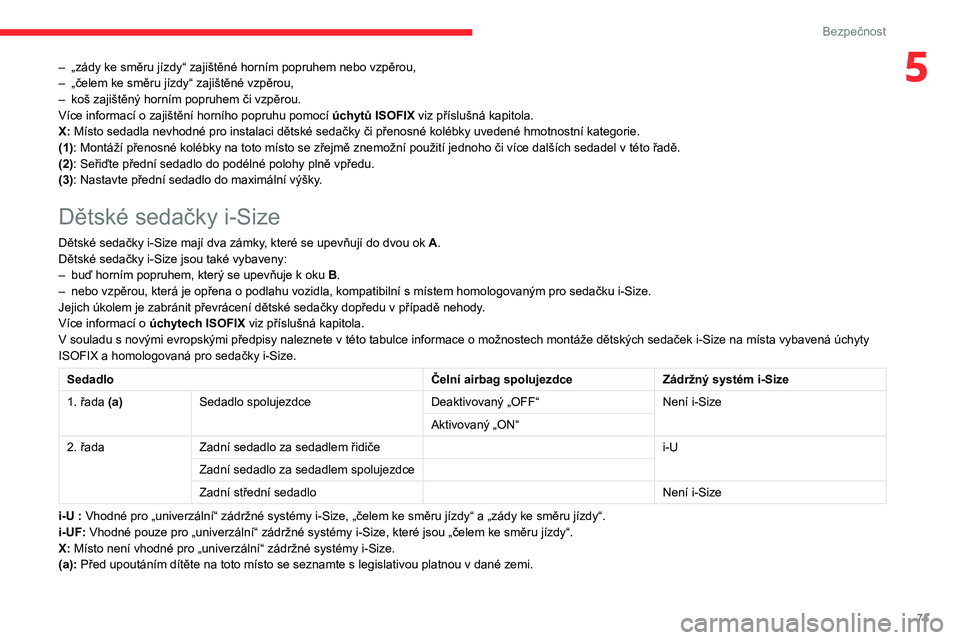 CITROEN C3 2020 Návod na použití (in Czech) 71
Bezpečnost
5– „zády ke směru jízdy“ zajištěné horním popruhem nebo vzpěrou,
– „čelem ke směru jízdy“ zajištěné vzpěrou,
–
koš zajištěný horním popruhem či vzp CITROEN C3 2020 Návod na použití (in Czech) 71
Bezpečnost
5– „zády ke směru jízdy“ zajištěné horním popruhem nebo vzpěrou,
– „čelem ke směru jízdy“ zajištěné vzpěrou,
–
koš zajištěný horním popruhem či vzp