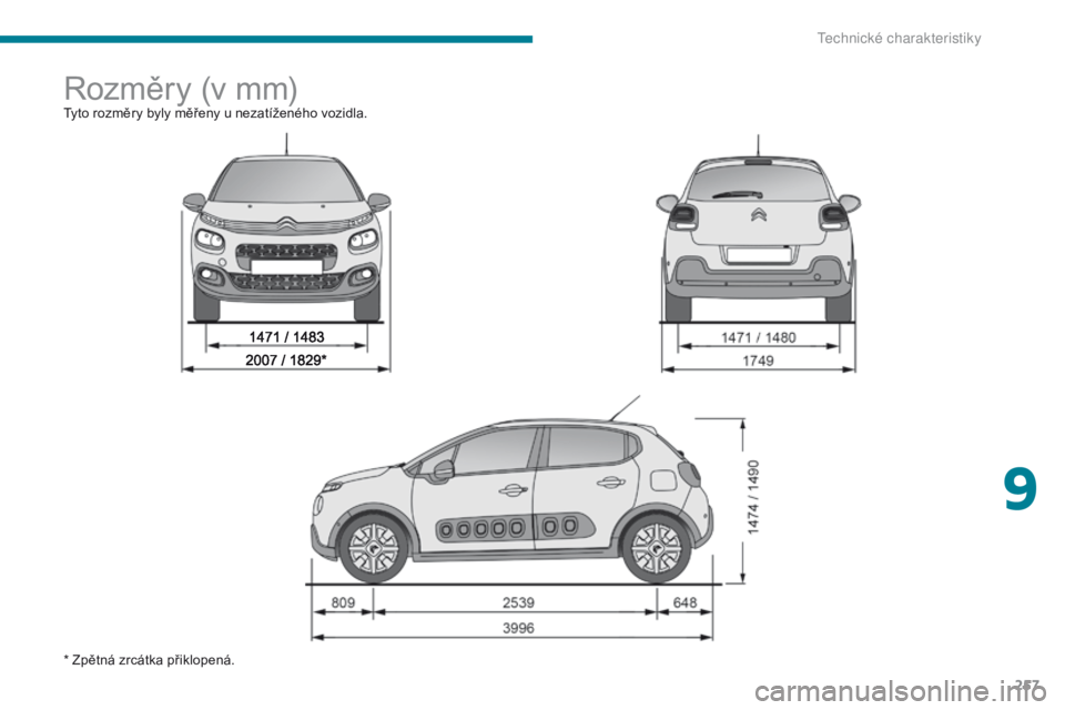 CITROEN C3 2017 Návod na použití (in Czech) 257
B618_cs_Chap09_caracteristiques-techniques_ed01-2016
Rozměry (v mm)Tyto rozměry byly měřeny u nezatíženého vozidla.
* Z pětná zrcátka přiklopená.
9
T CITROEN C3 2017 Návod na použití (in Czech) 257
B618_cs_Chap09_caracteristiques-techniques_ed01-2016
Rozměry (v mm)Tyto rozměry byly měřeny u nezatíženého vozidla.
* Z pětná zrcátka přiklopená.
9
T